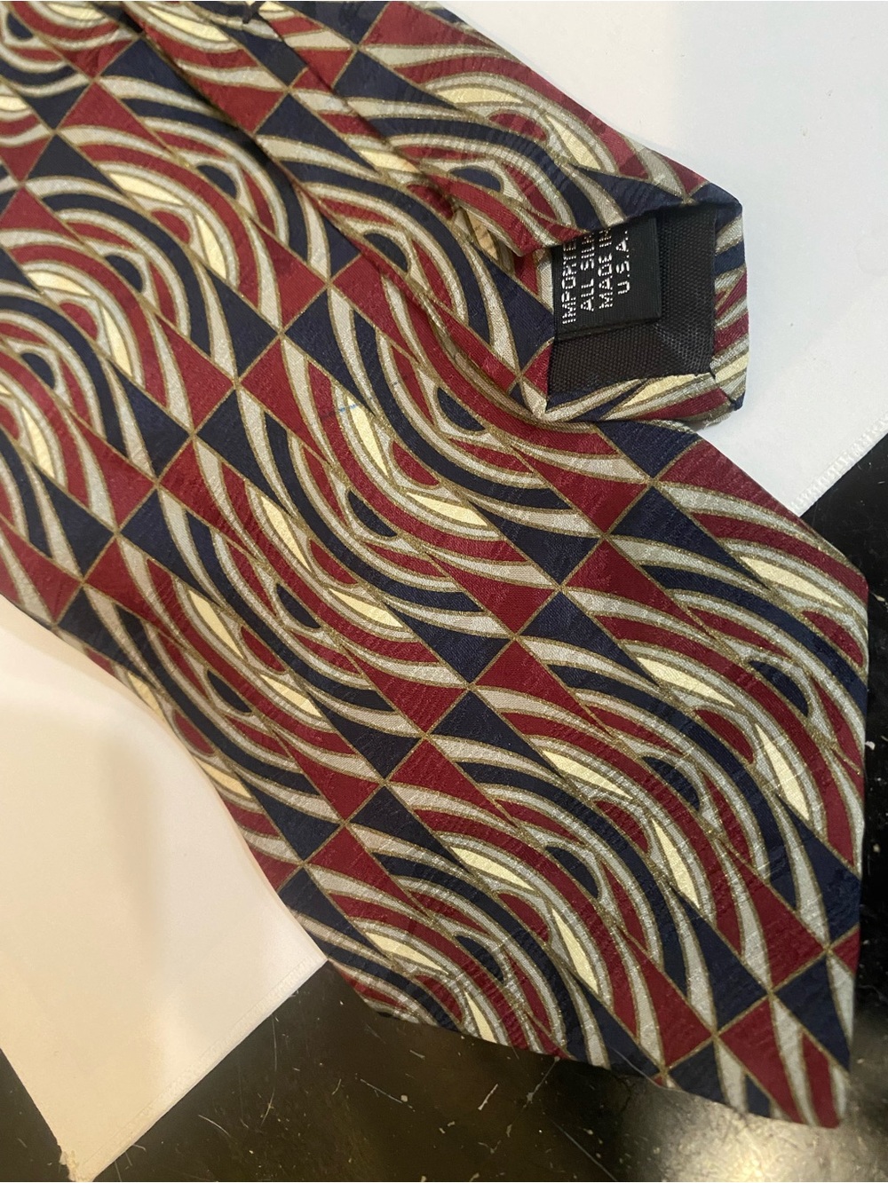 Classic Geometric Silk Tie in Burgundy, Navy & Gold